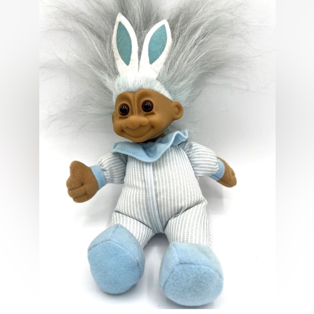 Vtg  8" Russ Troll Baby Doll EASTER BUNNY Light Blue Hair Bunny Ears Brown Eyes